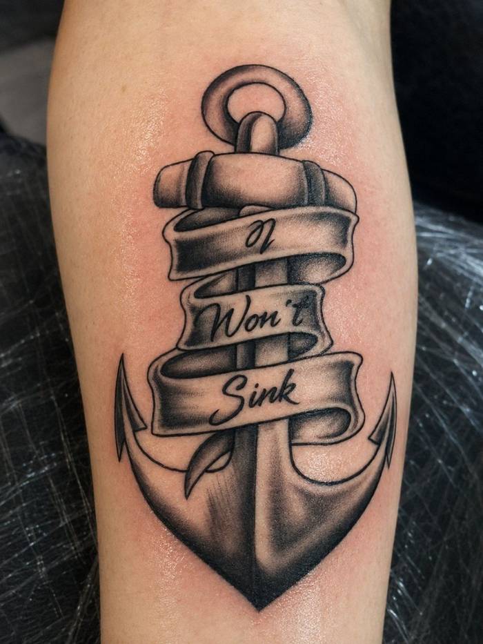 Fresh black and grey anchor tattoo with I Wont Sink banner script by Shawn Lowe at Fargo Tattoo in Fargo, North Dakota