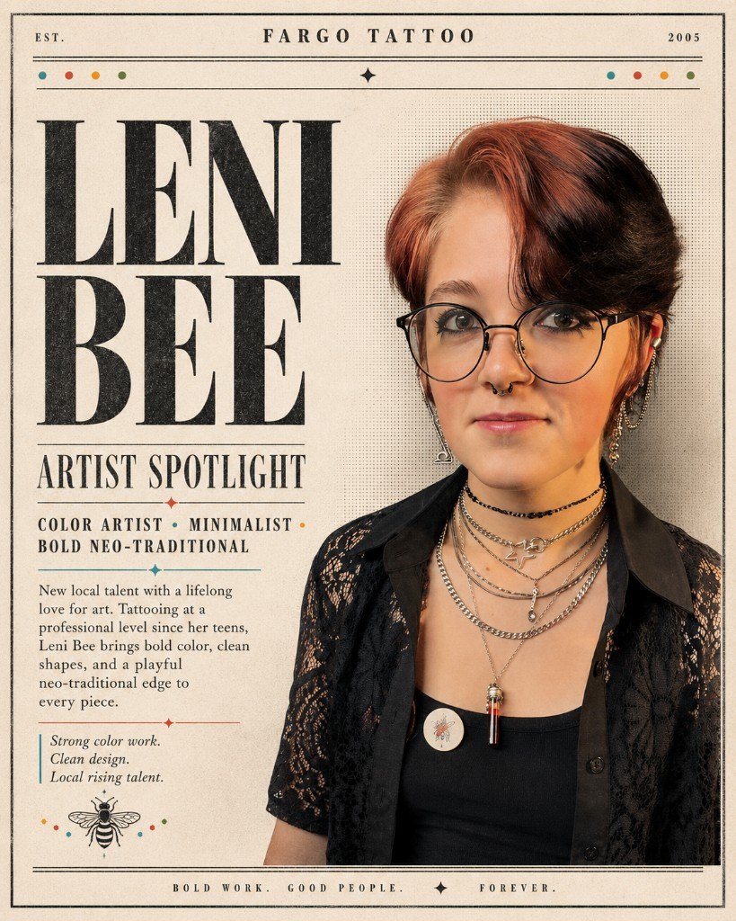 Artist spotlight portrait of Leni B., tattoo artist at Fargo Tattoo in Fargo, North Dakota.