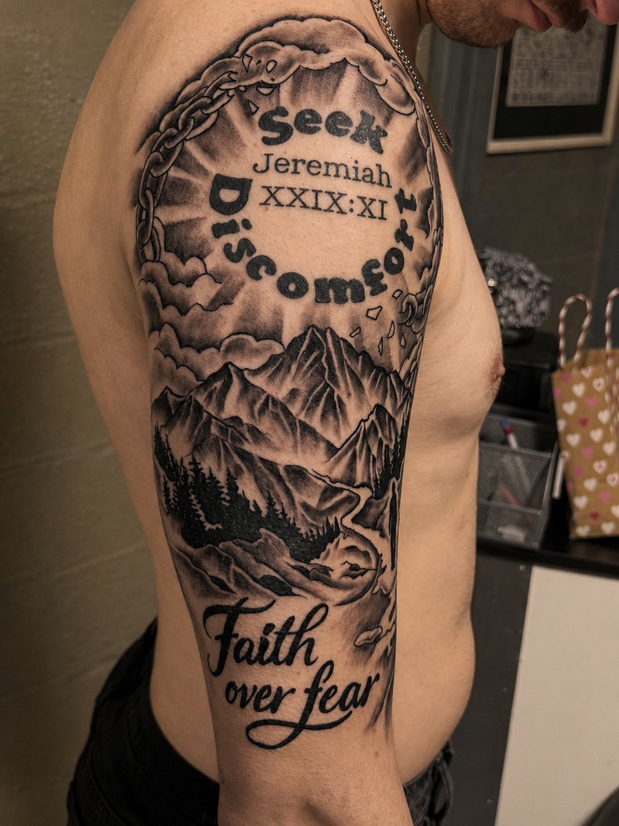 Black and grey scripture tattoo with mountains, a cross, and Faith Over Fear lettering by Shawn Lowe at Fargo Tattoo in Fargo, North Dakota