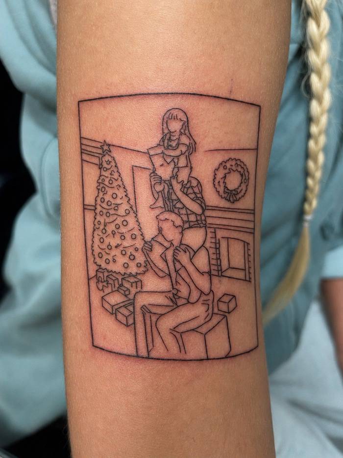 Fine line family Christmas scene linework tattoo by Shawn Lowe at Fargo Tattoo in Fargo, North Dakota