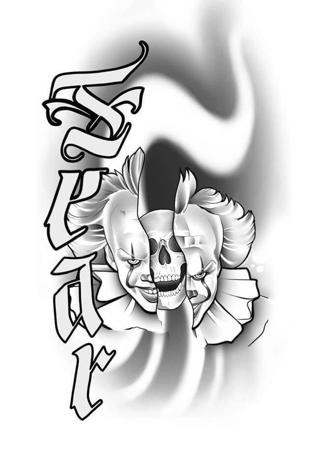 Black and grey flash tattoo design of a two-faced horror clown with skull and Fear gothic lettering, available to book at Fargo Tattoo