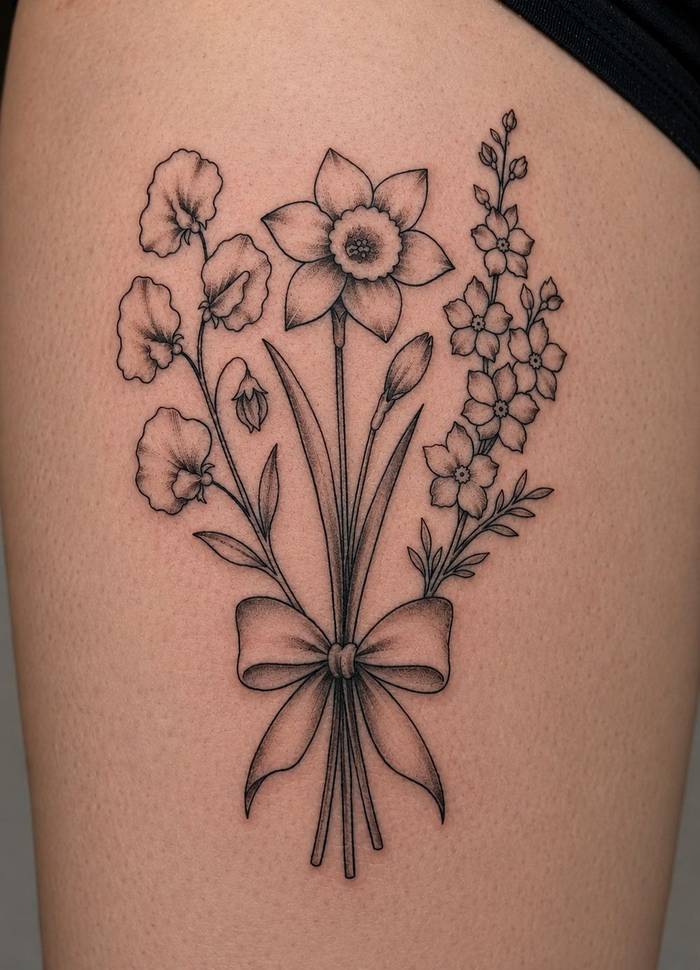 Fine line birth flower bouquet thigh tattoo with bow by Shawn Lowe at Fargo Tattoo in Fargo, North Dakota