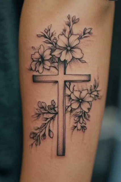 Floral cross tattoo by Shawn Lowe at Fargo Tattoo in Fargo, North Dakota