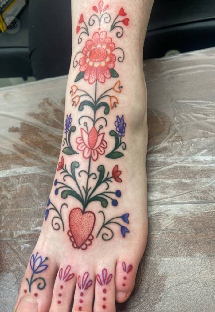 Bright Scandinavian folk art floral foot tattoo by Shawn Lowe at Fargo Tattoo in Fargo in Fargo, North Dakota