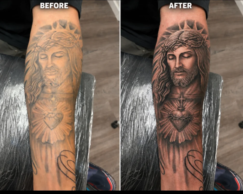 Before-and-after black and grey Jesus Sacred Heart forearm tattoo, showing the original tattoo and finished result by Shawn Lowe at Fargo Tattoo in Fargo, North Dakota