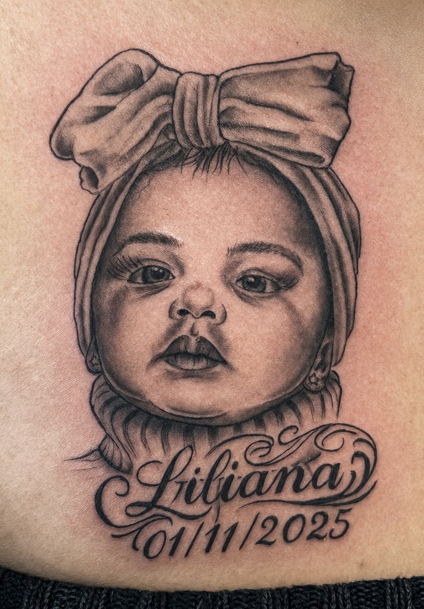 Black and grey infant portrait tattoo with a head wrap, name, and date by Shawn Lowe at Fargo Tattoo in Fargo, North Dakota