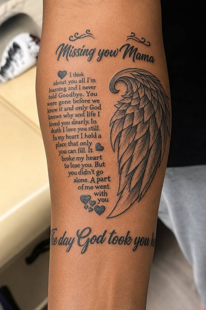 Missing You Mama memorial forearm tattoo with angel wing and poem script by Shawn Lowe at Fargo Tattoo in Fargo, North Dakota