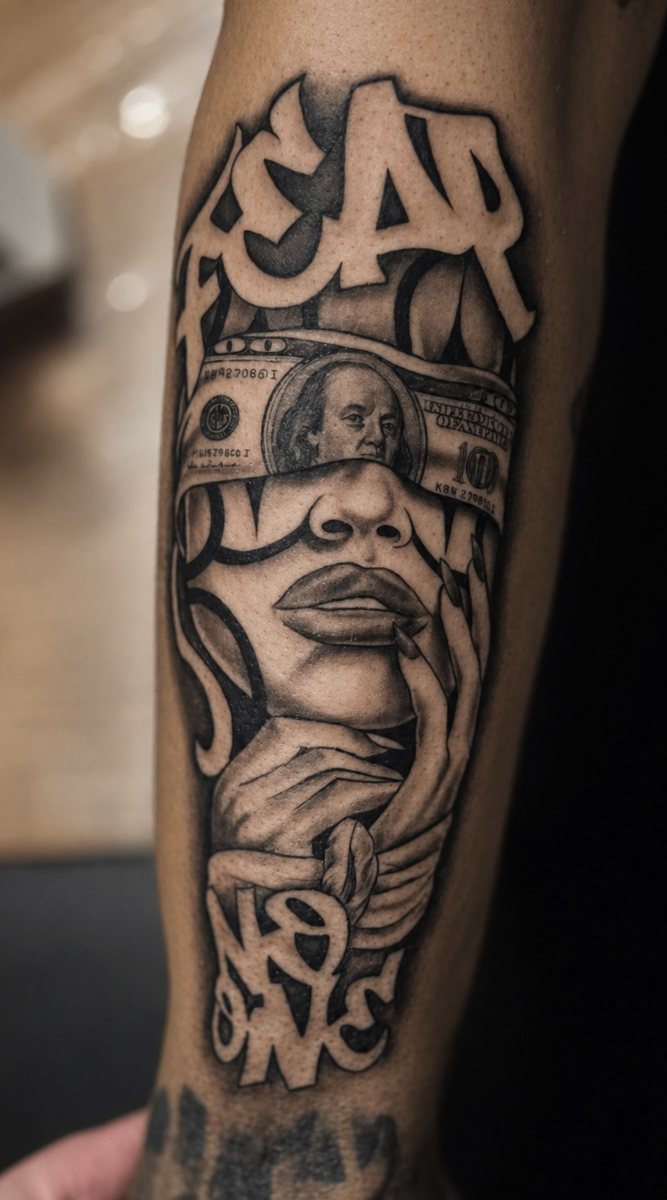 Black and grey portrait tattoo with a dollar bill across the eyes and bold lettering by Shawn Lowe at Fargo Tattoo in Fargo, North Dakota