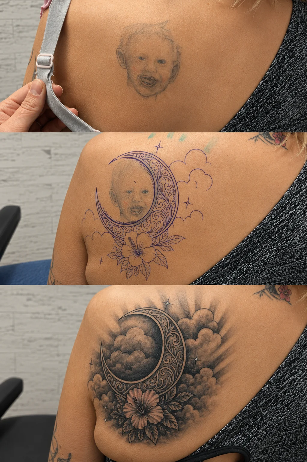 Before-and-after ornamental moon and clouds shoulder cover-up, showing the original tattoo and finished result by Fargo Tattoo