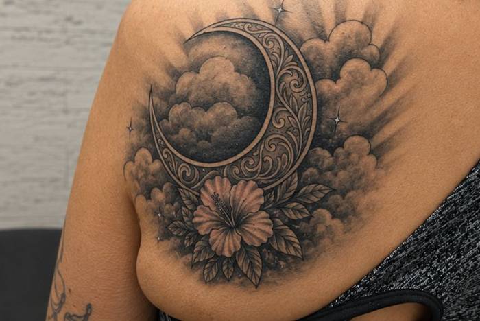 Finished ornamental moon and clouds cover-up over a faded tattoo on the shoulder, Fargo Tattoo