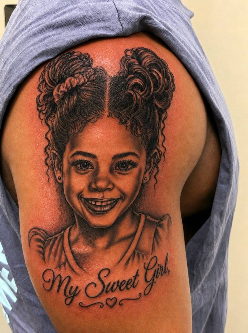 Fresh black and grey portrait tattoo of a young girl with My Sweet Girl script by Shawn Lowe at Fargo Tattoo in Fargo, North Dakota