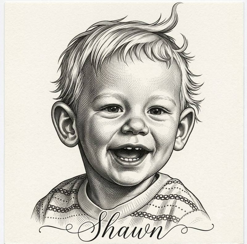 Engraving style reference drawing of a child prepared before a portrait tattoo at Fargo Tattoo