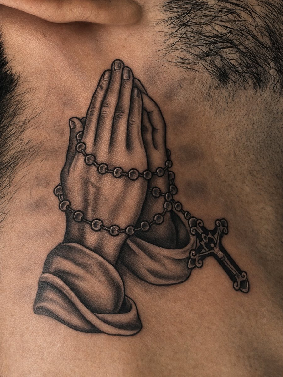 Praying hands tattoo wrapped in a rosary with a crucifix by Shawn Lowe at Fargo Tattoo in Fargo, North Dakota